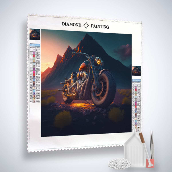Diamond painting kit featuring a motorcycle on Route 66 with a mountain backdrop and painting accessories