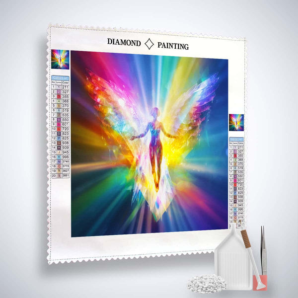 Diamond Painting - Colorful Angel with paint by numbers kit, including professional canvas, acrylic diamonds, tweezers, and application pen.