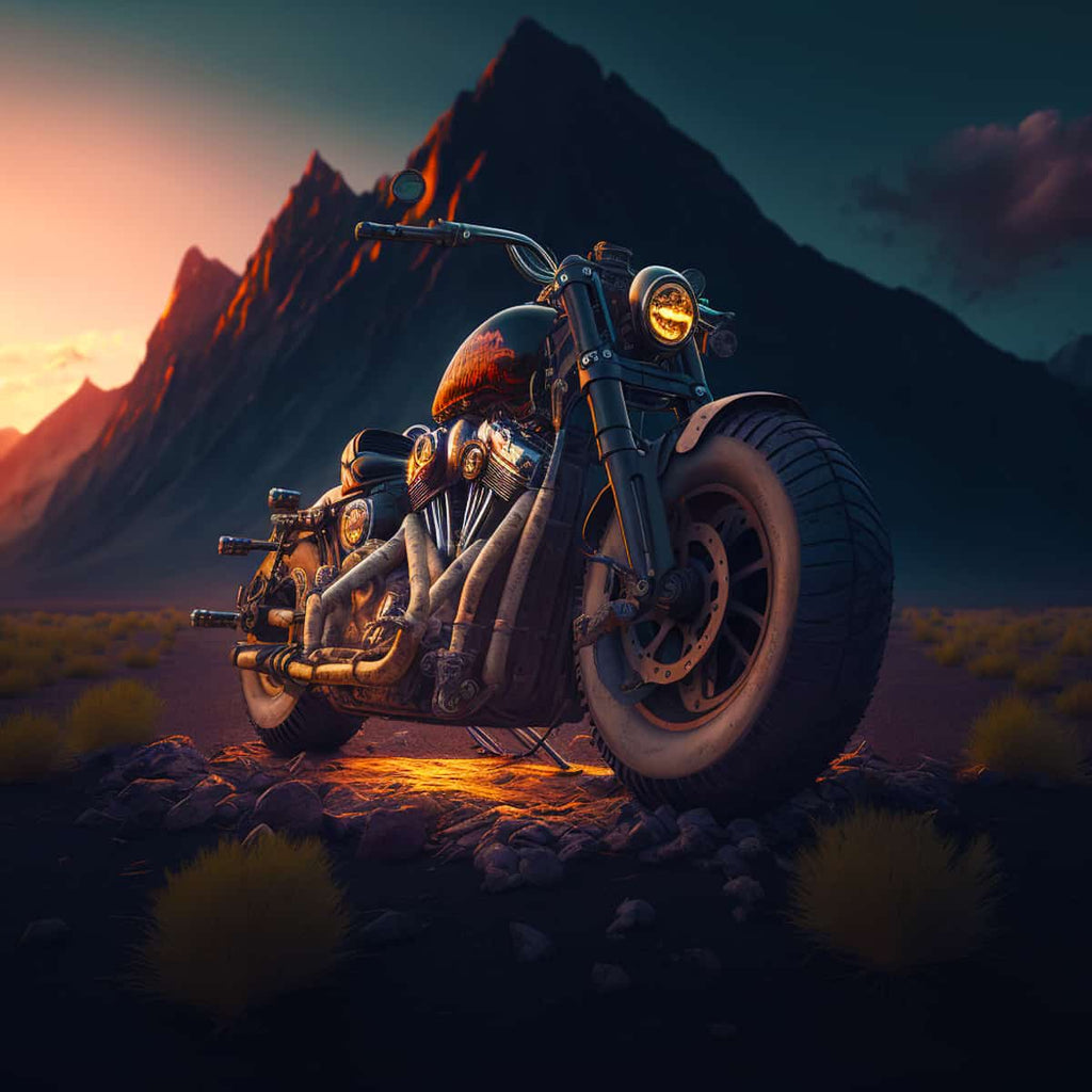 Motorcycle on a scenic Route 66 with mountains and sunset backdrop in diamond painting kit.