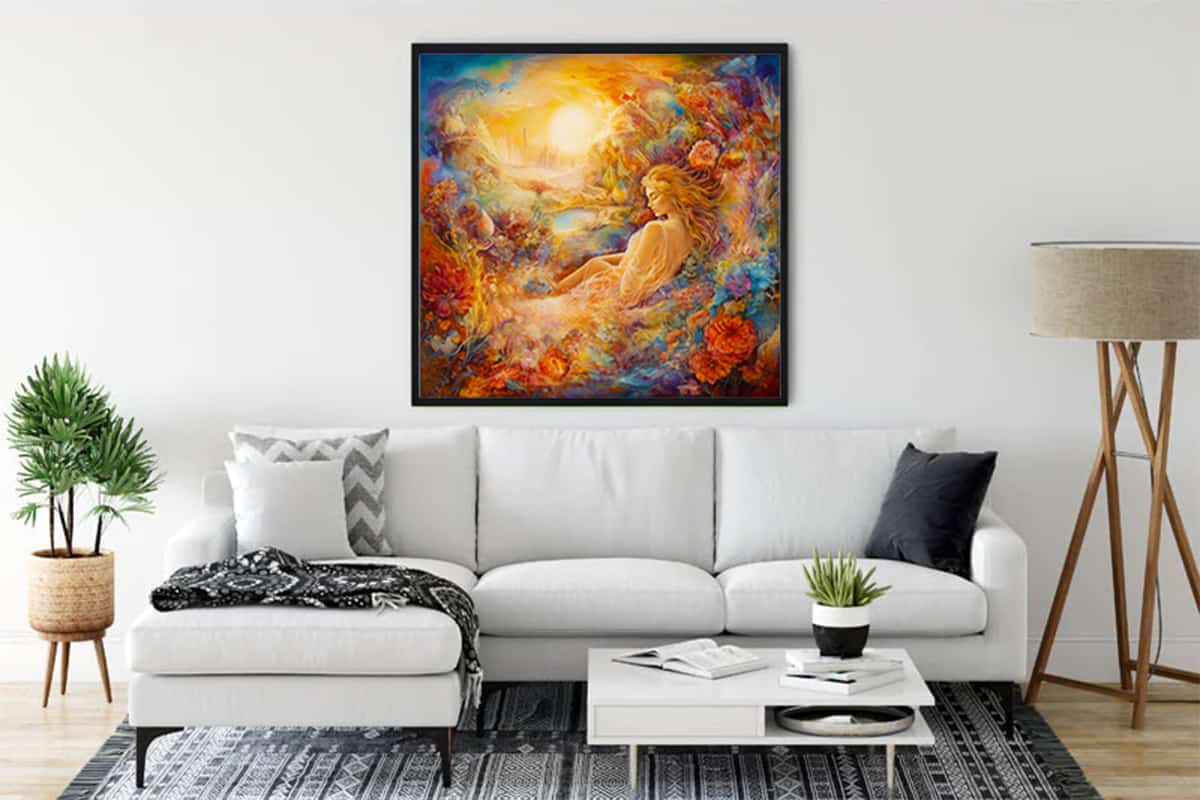 Diamond Painting - Breeze and Willows artwork displayed on wall above a white sofa, showcasing a vibrant, colorful scene in a modern living room setting.