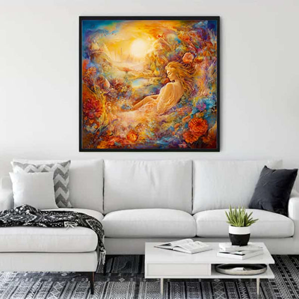 Diamond Painting - Breeze and Willows artwork displayed on wall above a white sofa, showcasing a vibrant, colorful scene in a modern living room setting.
