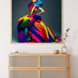 Diamond Painting of woman in vibrant, colorful dress displayed in modern room. Paint by Numbers kit for creative art enthusiasts.