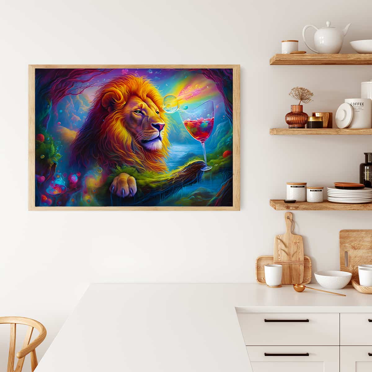 Diamond painting kit featuring a majestic lion holding a glass, displayed in a modern kitchen setting.