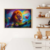 Diamond painting kit featuring a majestic lion holding a glass, displayed in a modern kitchen setting.