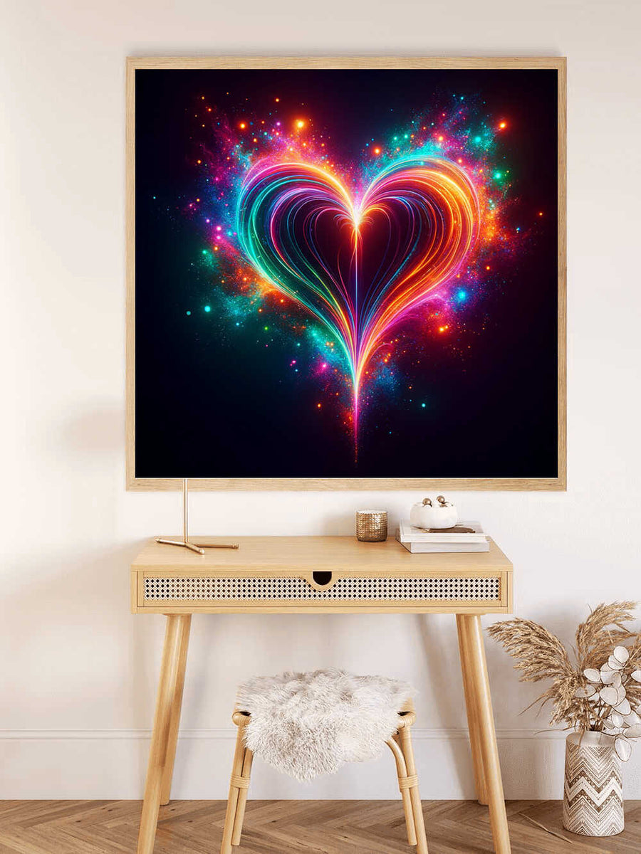 Paint by Numbers - Cosmic Heart Flicker artwork depicting a vibrant, luminous heart surrounded by cosmic colors in a modern, mystical setting.