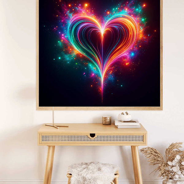 Paint by Numbers - Cosmic Heart Flicker artwork depicting a vibrant, luminous heart surrounded by cosmic colors in a modern, mystical setting.