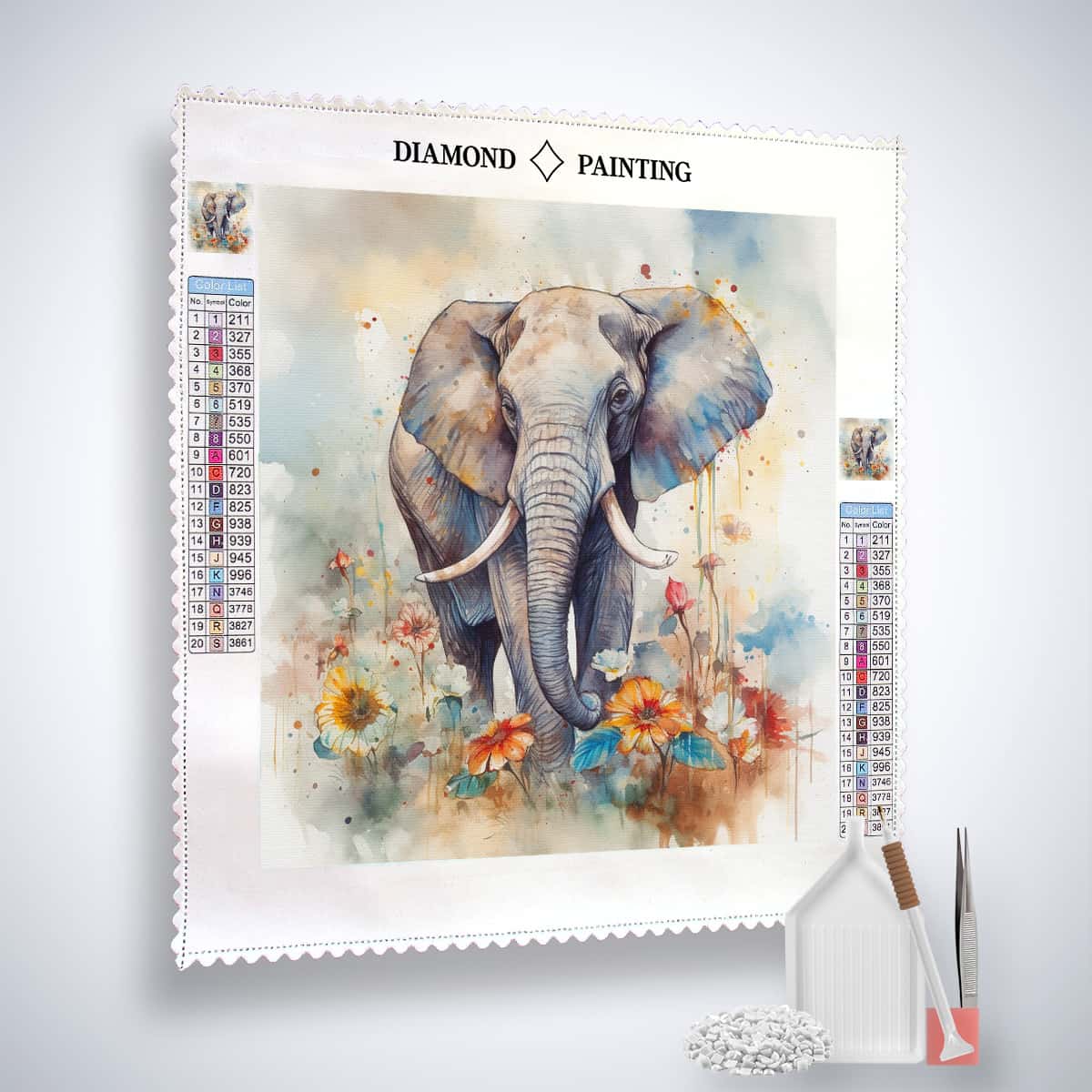 Diamond Painting Kit featuring a majestic elephant design on canvas with acrylic diamonds, tweezers, and application pen set