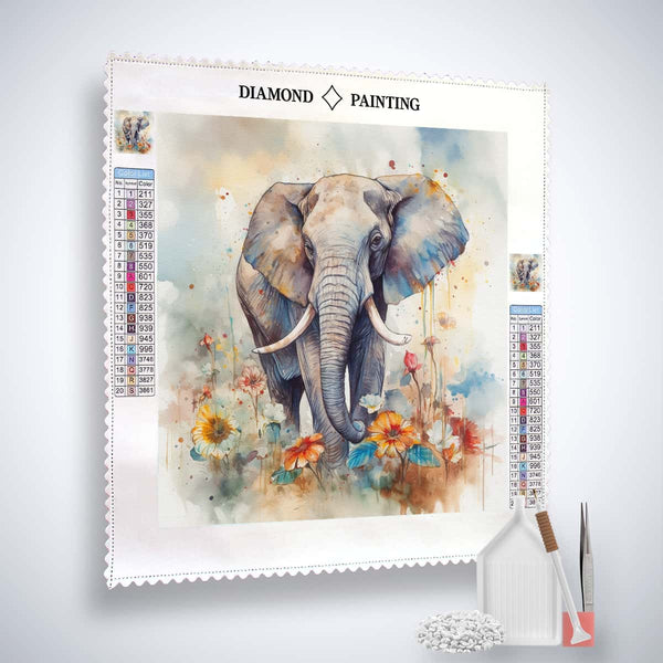 Diamond Painting Kit featuring a majestic elephant design on canvas with acrylic diamonds, tweezers, and application pen set