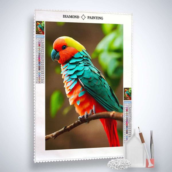 Diamond Painting Kit featuring a colorful bird on a branch with included tools and accessories. Paint by Numbers design.