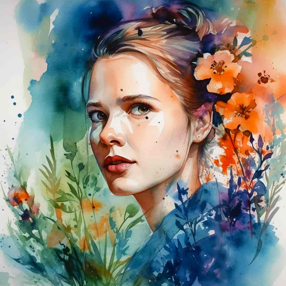 Portrait of a woman with floral watercolor background, showcasing vibrant orange and blue hues.