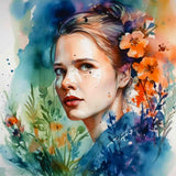 Portrait of a woman with floral watercolor background, showcasing vibrant orange and blue hues.