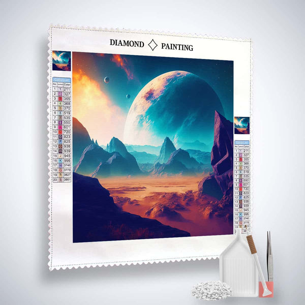 Fantasy landscape blue diamond painting kit with canvas, acrylic diamonds, tweezers, and application pen for paint by numbers.