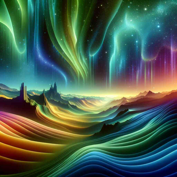 Paint by Numbers - Northern lights of the fantasy world with celestial greens, azures, sublime castles, majestic mountains, and a glittering starry sky.