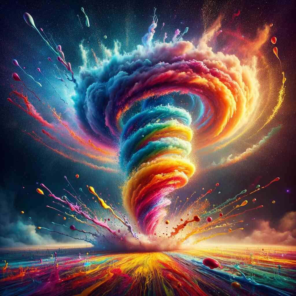 Paint by Numbers color storm, abstract swirling vortex with vibrant rainbow splashes, dynamic imaginative artwork