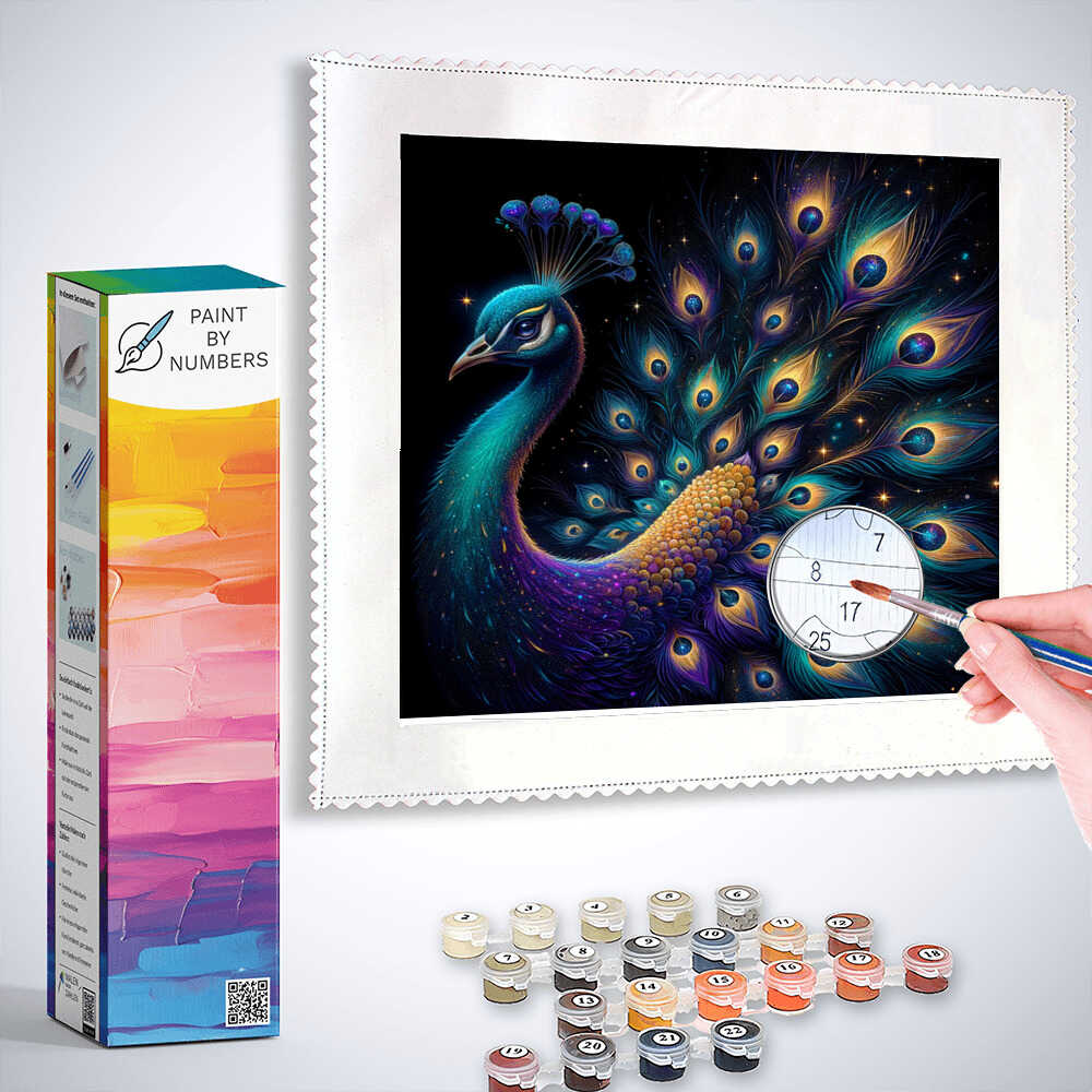 Paint by Numbers kit featuring a cosmic peacock with opulent blue and bright gold accents in a modern surrealism style