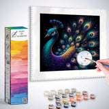 Paint by Numbers kit featuring a cosmic peacock with opulent blue and bright gold accents in a modern surrealism style