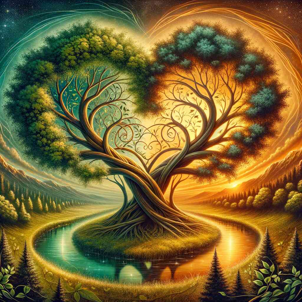 Paint by Numbers - Whispering Times: Fantasy scene with intertwining trees forming a heart, glowing in vibrant colors by a reflective river.