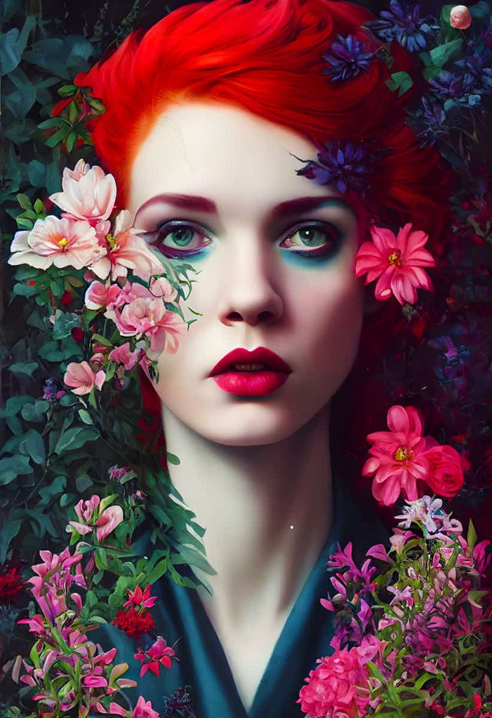 Diamond Painting with a woman with red hair surrounded by colorful flowers, part of a sparkling paint by numbers art kit.