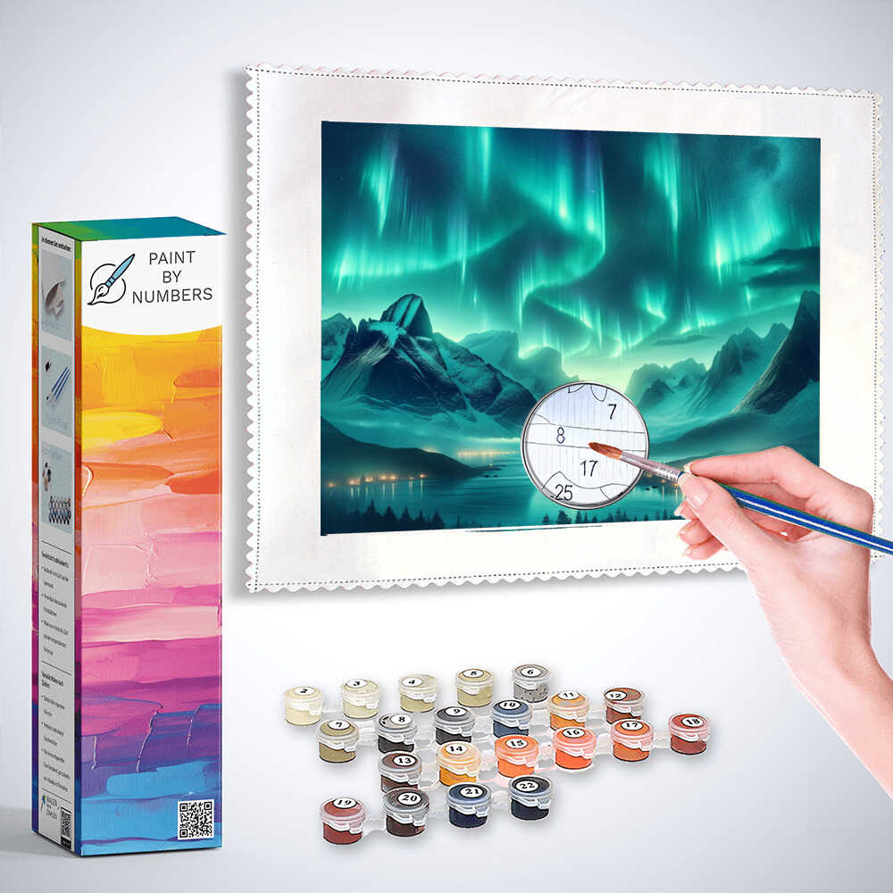 Paint by Numbers kit for Diamond Painting - Green aurora over tranquil mountain scene with vibrant sky and shimmering lights.