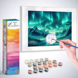 Paint by Numbers kit for Diamond Painting - Green aurora over tranquil mountain scene with vibrant sky and shimmering lights.