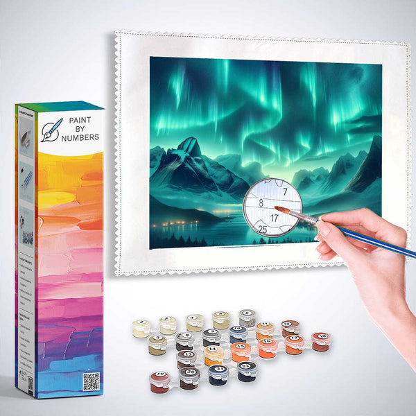 Paint by Numbers kit for Diamond Painting - Green aurora over tranquil mountain scene with vibrant sky and shimmering lights.