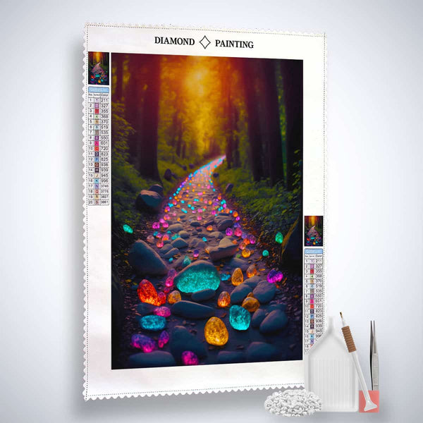 AB Diamond Painting Kit - Path with luminous stones at sunset, includes paint by numbers design with vivid diamonds and application tools.