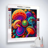 AB Diamond Painting kit featuring vibrant abstract magic mushrooms on canvas with enhanced acrylic diamonds and paint by numbers tools.