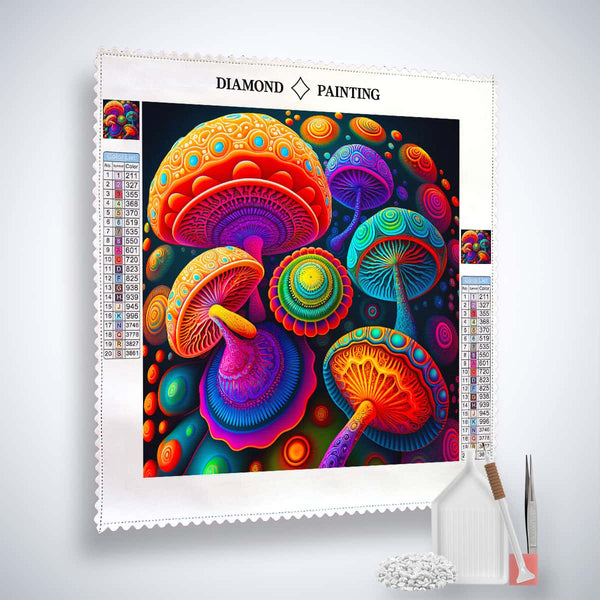 AB Diamond Painting kit featuring vibrant abstract magic mushrooms on canvas with enhanced acrylic diamonds and paint by numbers tools.
