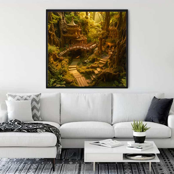 Fantasy Forest City diamond painting displayed in a modern living room above a white sofa. Paint by Numbers art.