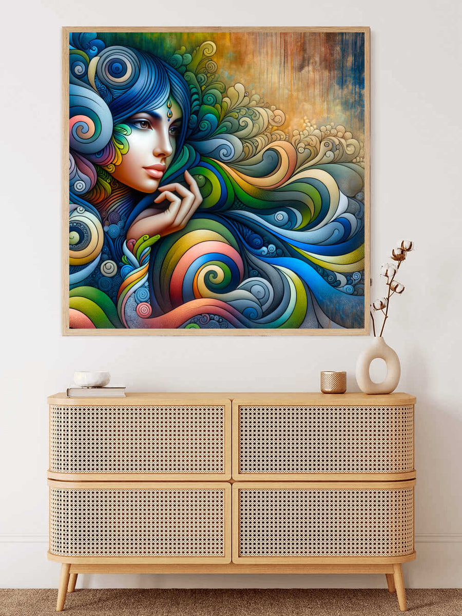Paint by Numbers - colorful Indian lady exuding calm and grace with vibrant gold, turquoise, and red hues in a modern expressive style