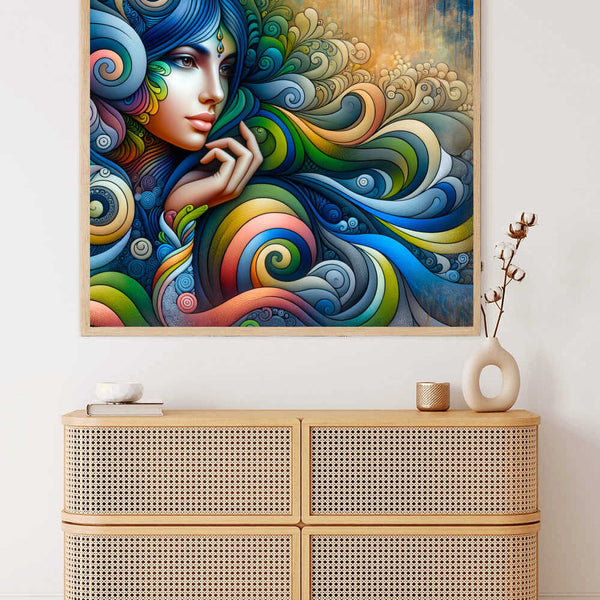 Paint by Numbers - colorful Indian lady exuding calm and grace with vibrant gold, turquoise, and red hues in a modern expressive style