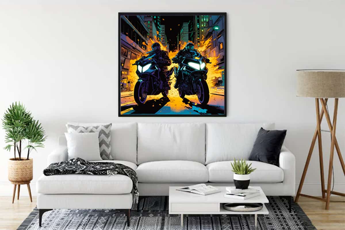 Diamond Painting - Race Track Rocket displayed in a modern living room above a white sofa, featuring a vibrant motorcycle race scene.