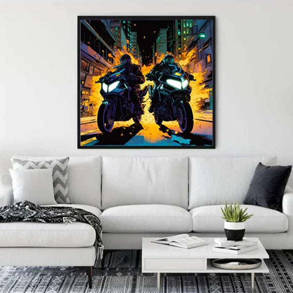 Diamond Painting - Race Track Rocket displayed in a modern living room above a white sofa, featuring a vibrant motorcycle race scene.