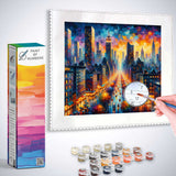 Paint by Numbers kit featuring Urban Color Rush with vibrant cityscape, paint pots, and brush for creating a bustling metropolis scene.
