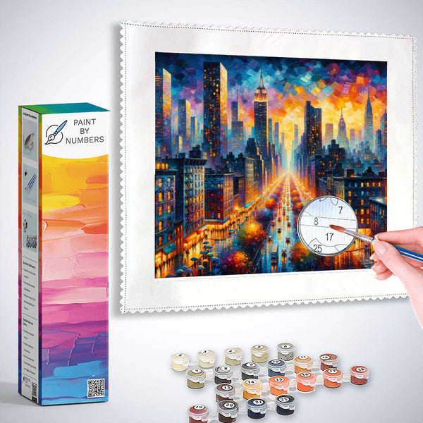 Paint by Numbers kit featuring Urban Color Rush with vibrant cityscape, paint pots, and brush for creating a bustling metropolis scene.