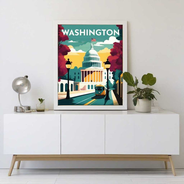 Paint by Numbers "Capital in Splendor" depicting the Capitol in Washington DC with a vibrant sky and a classic tram.