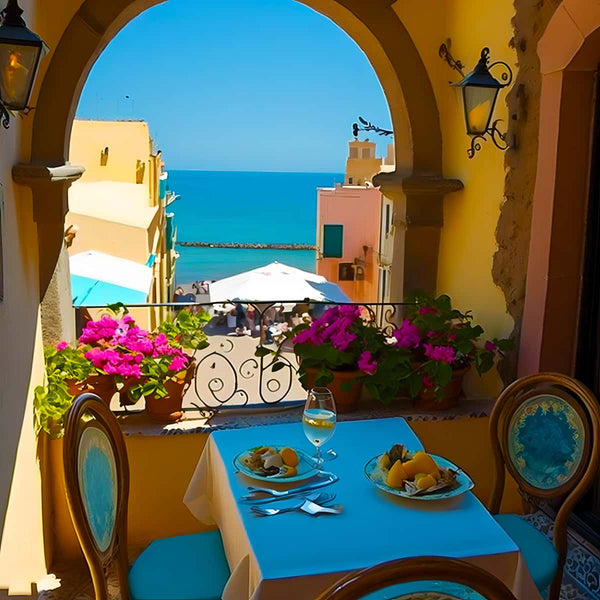 Serene seaside breakfast with ocean view, flowers, and vibrant colors, perfect for Paint by Numbers Diamond Painting enthusiasts.