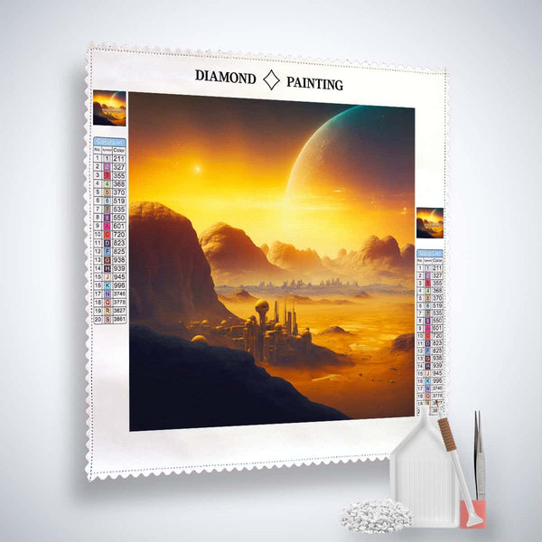 Diamond Painting Fantasy Landscape Orange kit with canvas, acrylic diamonds, tweezers, and application pen for Paint by Numbers art.