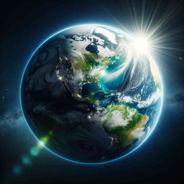 Paint by Numbers - Awakening of the Blue Planet artwork showcasing Earth with vibrant blues and greens, cosmic energy, and radiant light.