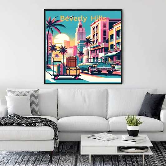 Paint by Numbers Californian Dreams artwork above white sofa in modern living room with Beverly Hills retro scene.