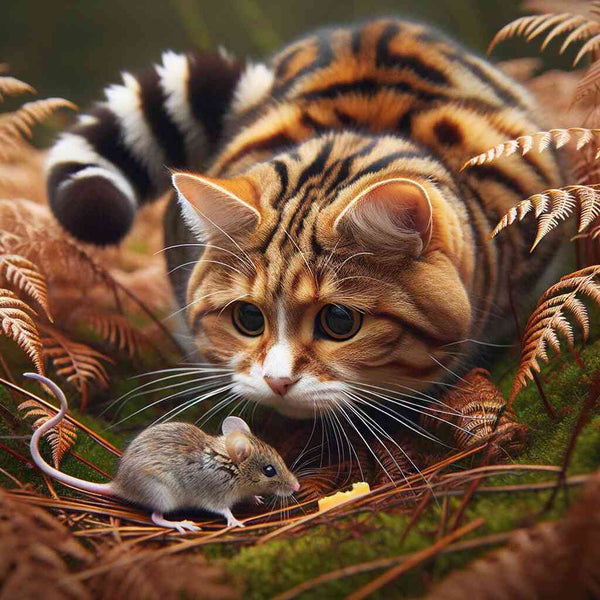 Paint by Numbers - Hidden Encounter in the Autumn Forest: Realistic painting of a cat and mouse face-to-face amidst autumn foliage.