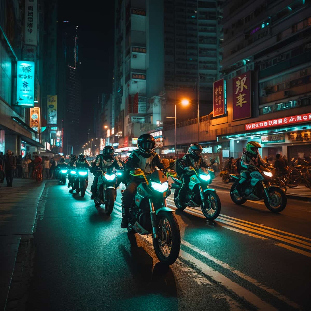 Group of motorcyclists riding on an illuminated street at night in an urban setting.