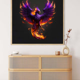 Diamond Painting - Phoenix Purple Paint by Numbers kit displayed above a modern wooden cabinet.