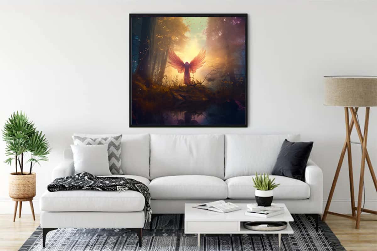 Stunning Diamond Painting - Nature Angel hanging above a modern white sofa, showcasing beautiful forest scenery in vibrant colors. Paint by Numbers Kit.
