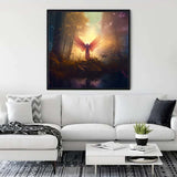 Stunning Diamond Painting - Nature Angel hanging above a modern white sofa, showcasing beautiful forest scenery in vibrant colors. Paint by Numbers Kit.