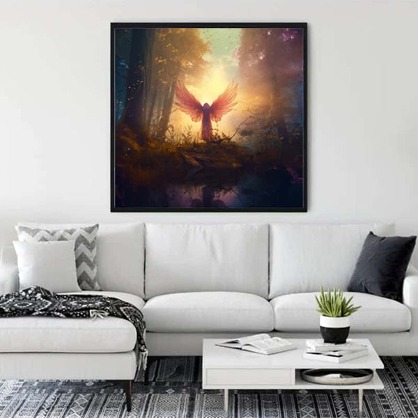 Stunning Diamond Painting - Nature Angel hanging above a modern white sofa, showcasing beautiful forest scenery in vibrant colors. Paint by Numbers Kit.