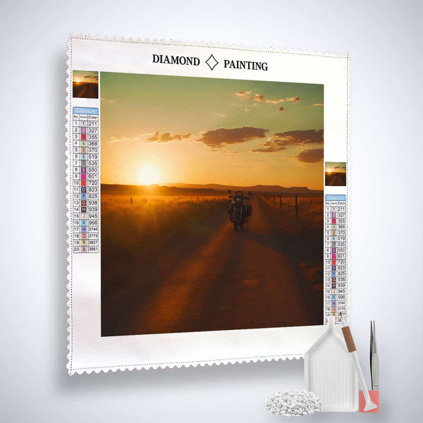 Diamond Painting kit with sunset design, acrylic diamonds, fine artist's tweezers, and application pen. Sparkling paint by numbers art.