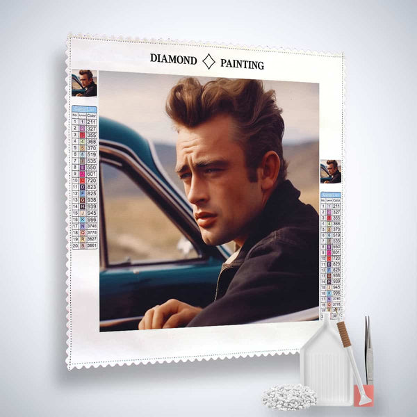 Diamond Painting Kit featuring James Dean with canvas, acrylic diamonds, tweezers, and application pen for paint by numbers art.