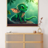 Diamond Painting - Green Dragon: Paint by Numbers kit with a vibrant green dragon design in a modern living room setting.
