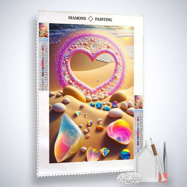 Diamond painting kit of heart on beach with sparkling acrylic diamonds, canvas, tweezers, and application pen, ideal for paint by numbers enthusiasts.
